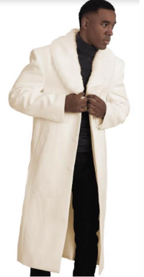 Mens Ivory Full-Length Overcoat with Luxurious Faux Fur Shawl Collar  Winter Dress Coat
