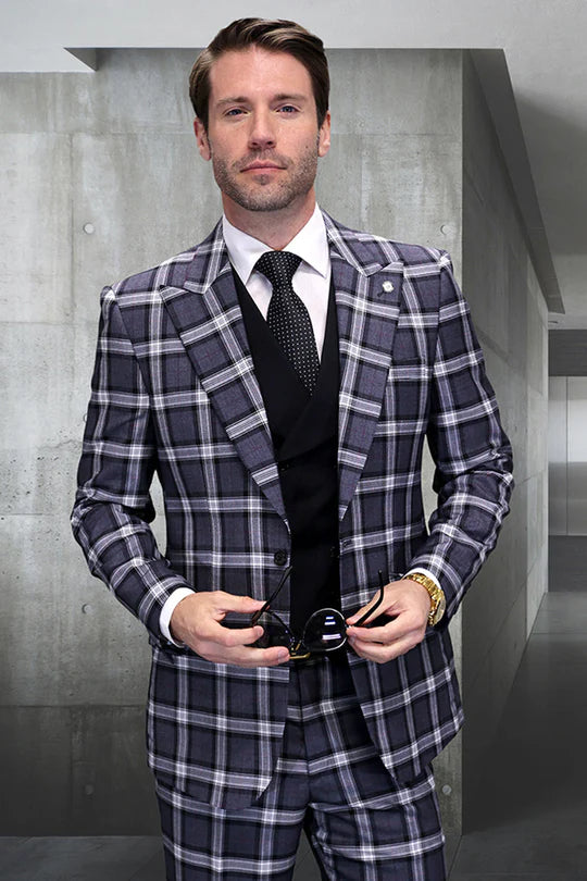 Mens Big and Tall Charcoal Gray and Black Plaid Blazer  Grey Checker Windowpane Sport Coat