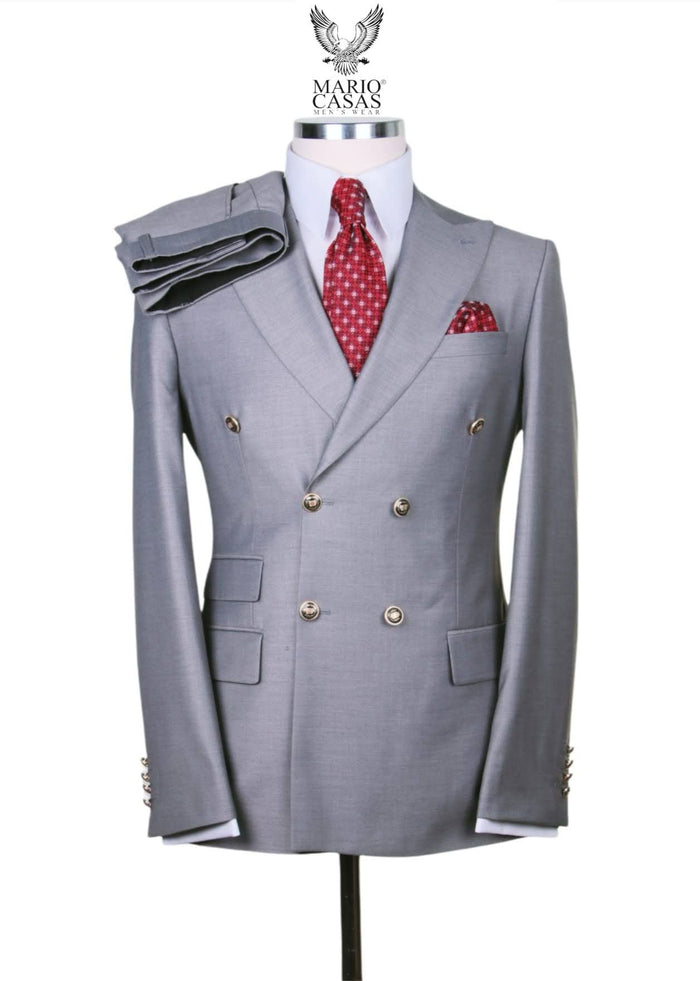 Mens Light Grey Double-Breasted Suit  Classic Slim Fit Business and Wedding Formal Attire
