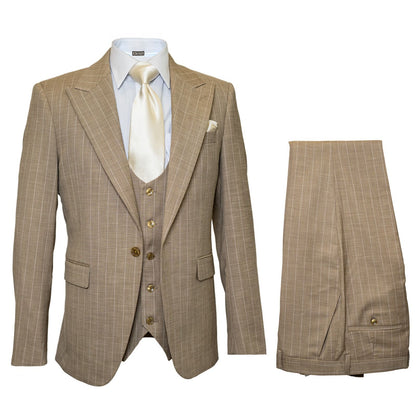 Men's Beige Pinstripe Three-Piece Vested Suit  Tailored Fit  Business Attire in Tan Stripe by Rossiman