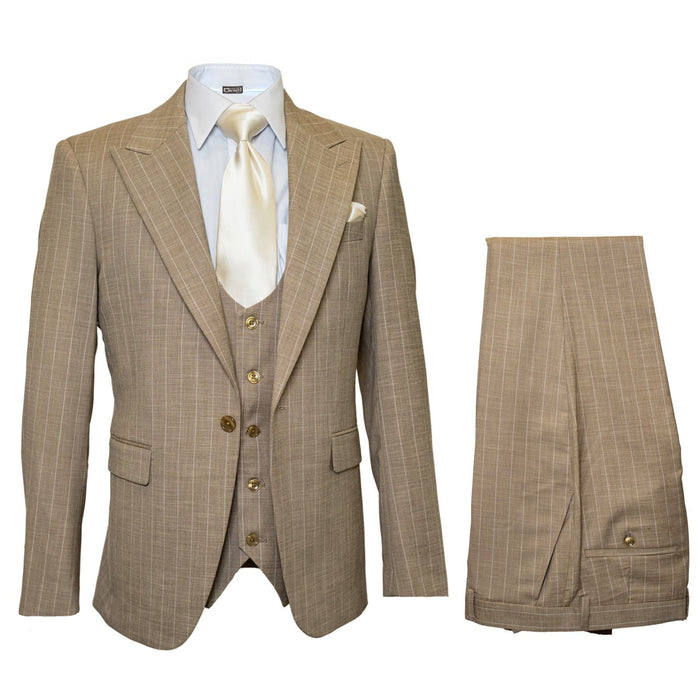 Men's Beige Pinstripe Three-Piece Vested Suit  Tailored Fit  Business Attire in Tan Stripe by Rossiman