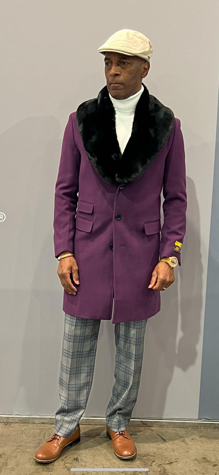 Mens Purple Wool Overcoat with Black Faux Fur Collar  Luxury Winter Dress Coats for Formal and Casual Wears