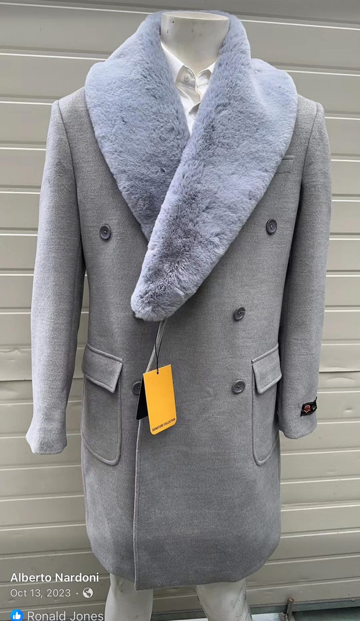 Mens Light Grey Double Breasted Overcoat with Faux Fur Shawl Collar  Winter Luxury Coat Wool Fabric