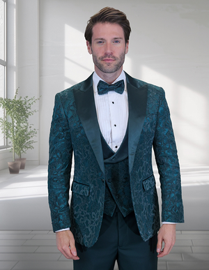 Men’s Hunter Green Paisley Tuxedo – 3 Piece Prom & Wedding Suit with Matching Bow Tie