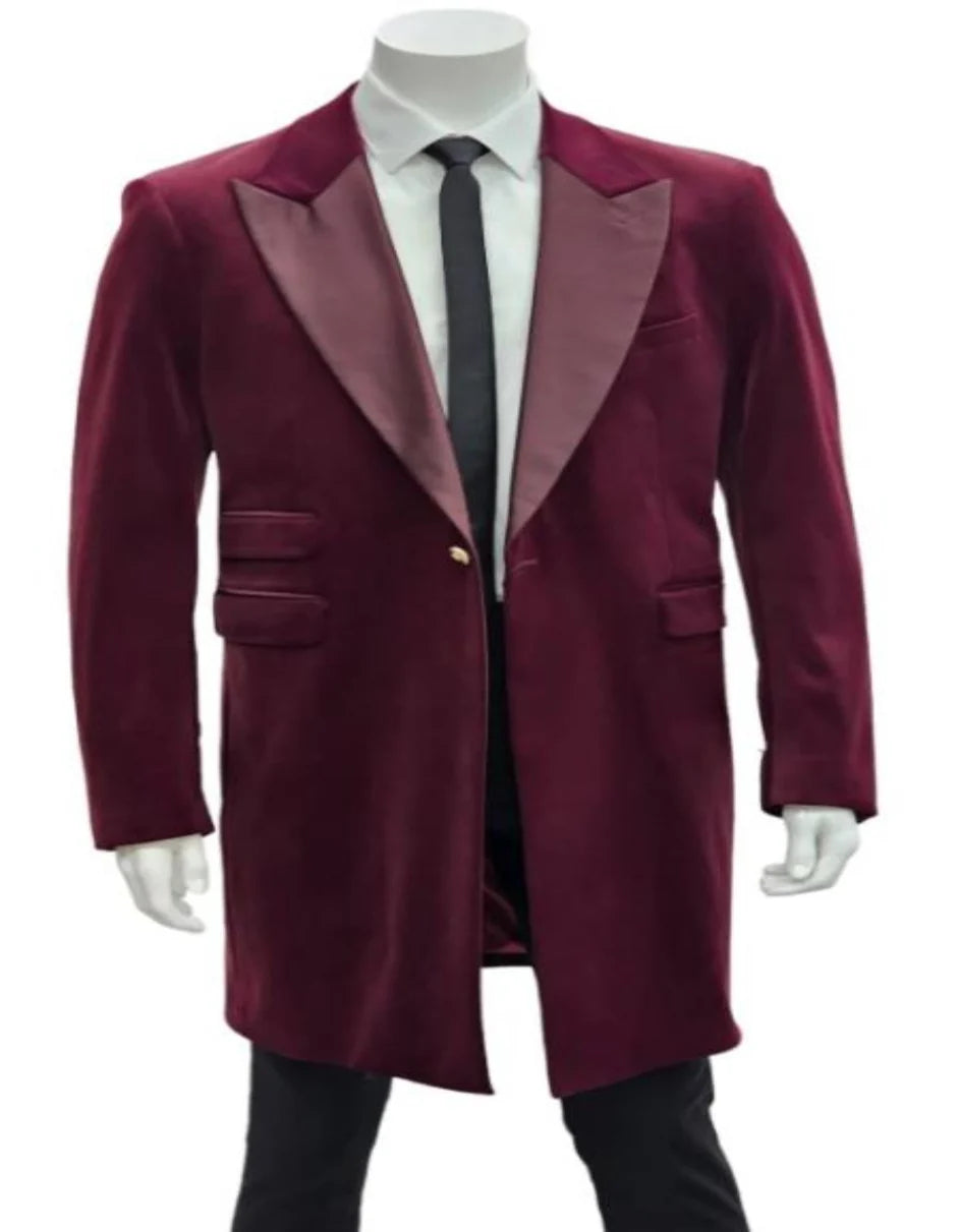 Men’s Burgundy Tuxedo in  Velvet  Long Blazer – Victorian Cutaway Tuxedo Suit 1920s Gangster Style Long Jacket with Black Pants