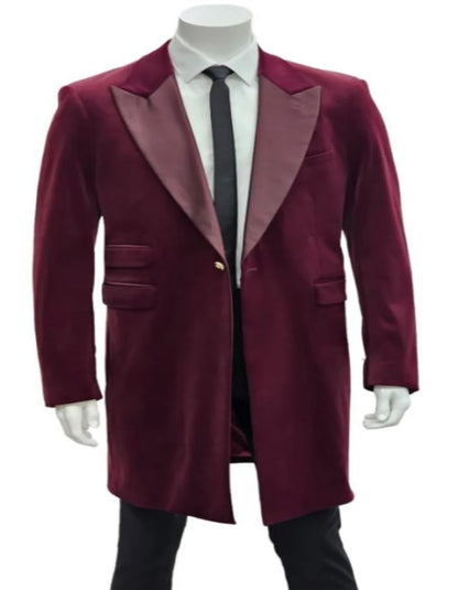 Mens Burgundy Tuxedo in  Velvet  Long Blazer  Victorian Cutaway Tuxedo Suit 1920s Gangster Style Long Jacket with Black Pants