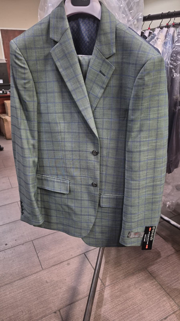 Men’s Tartan olive Green with blue checker Windowpane 2-Piece Suit – Modern Fit Plaid, Business and Formal Suit english styl