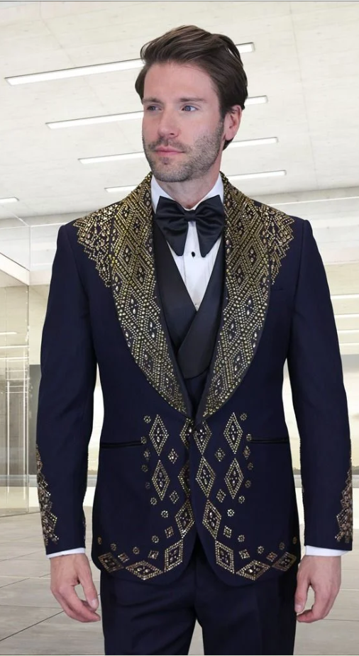 Mens Navy Tuxedo with Gold Embroidery  Slim Fit Formal Dinner Jacket with Shawl Lapel