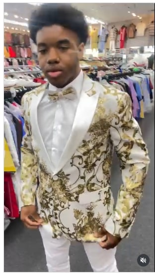 Mens White and Gold Floral Tuxedo Jacket with Satin Lapel  Luxury Prom, Wedding and Formal Dinner Blazer
