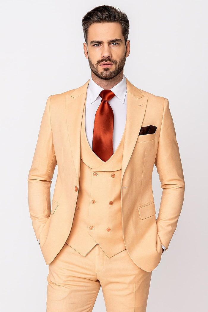 Mens Peach 3-Piece Suit  Double-Breasted Vest, Notch Lapel Blazer, Slim Fit Dress Pants