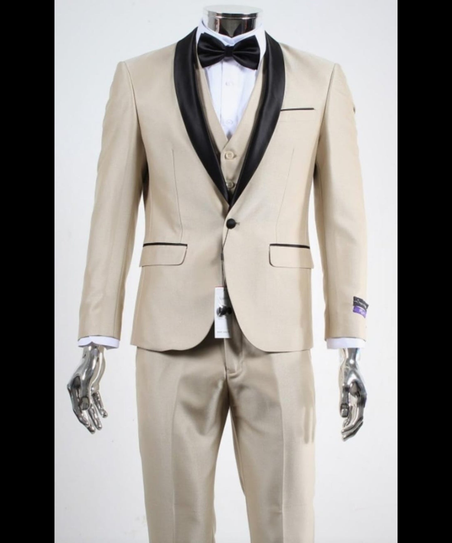 Men’s Champagne Beige Shiny Tuxedo 3 Piece Suit with Black Shawl Lapel | Formal Wedding Prom Suit Set in Sand Light Tan Color