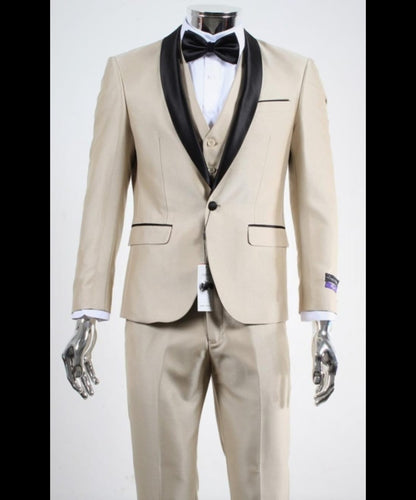 Men’s Champagne Beige Shiny Tuxedo 3 Piece Suit with Black Shawl Lapel | Formal Wedding Prom Suit Set in Sand Light Tan Color