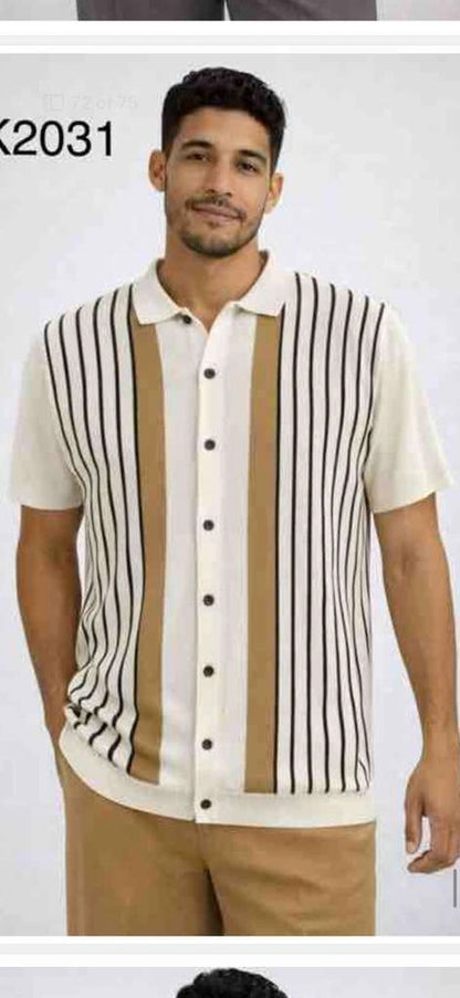 Mens Cream and Tan Striped Walking Suit Set – Casual Summer Short Sleeve Shirt and Pants Outfit for Vacation, Travel and Everyday Wear