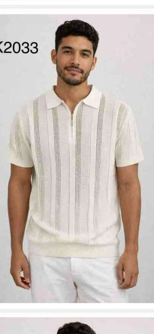 Mens Cream Ivory Off White Knit Walking Suit Set – Lightweight Short Sleeve Shirt and Pants Outfit for Summer, Vacation and Casual Style