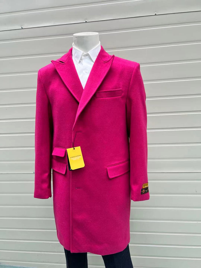 Mens Hot Pink Wool Blend Overcoat  Topcoat Carcoat Winter Fabric