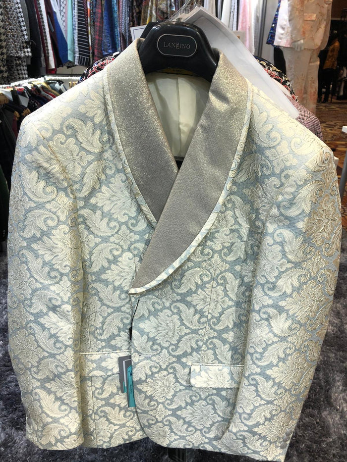 Mens Champaign Silver and Cream Embroidered Luxury Blazer  Floral Pattern Wedding & Party Dinner Jacket in Light Tan Color