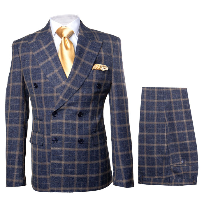 Mens Navy and Tan Windowpane Double-Breasted Suit | Classic 2-Piece Plaid Dress Suit, Business, and Formal Events By Rossiman
