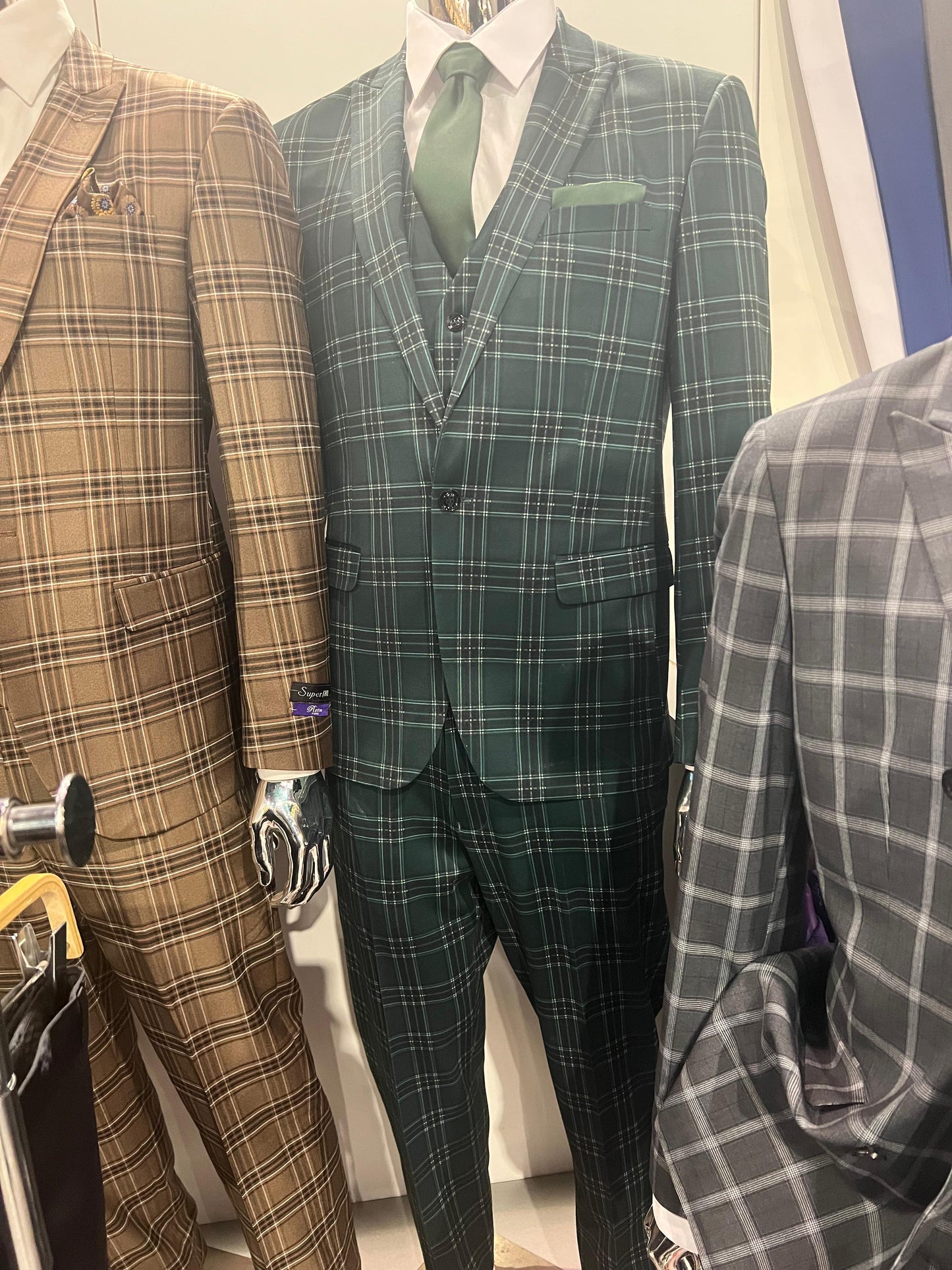 Men's Dark Green Plaid 3 Piece Suit – Checkered Suit Set for Wedding, Windowpane Tartan Fabric - Ultra Slim Fit