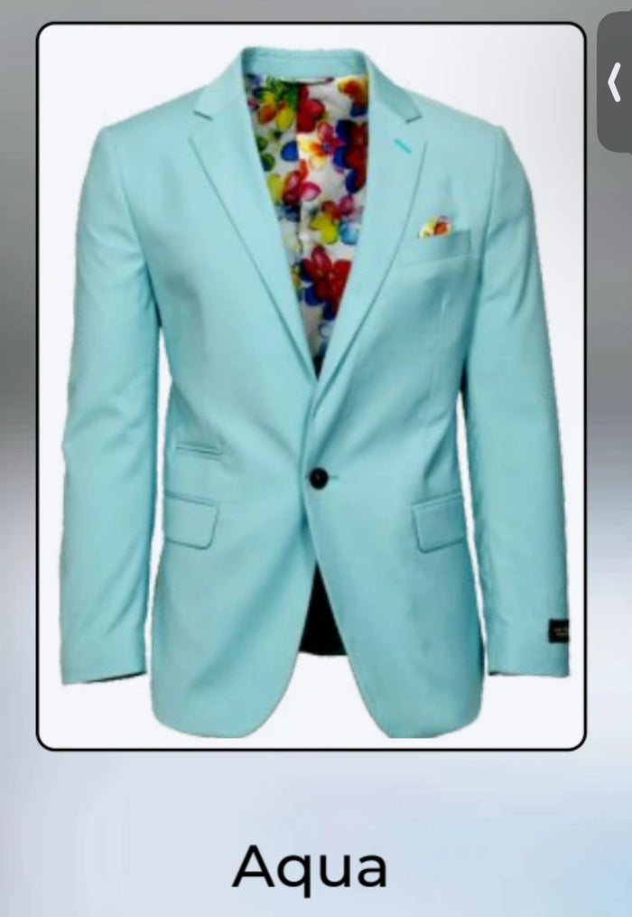 Men's Aqua Blazer - Slim Fit One Button Suit Jacket with Stylish Floral Inner Lining - Light Turquoise
