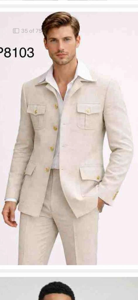 Mens Tan Beige Safari Military Walking Suit Set – Casual Two Piece Outfit Lightweight Summer Blazer and Pants Set Classic Casua Wear