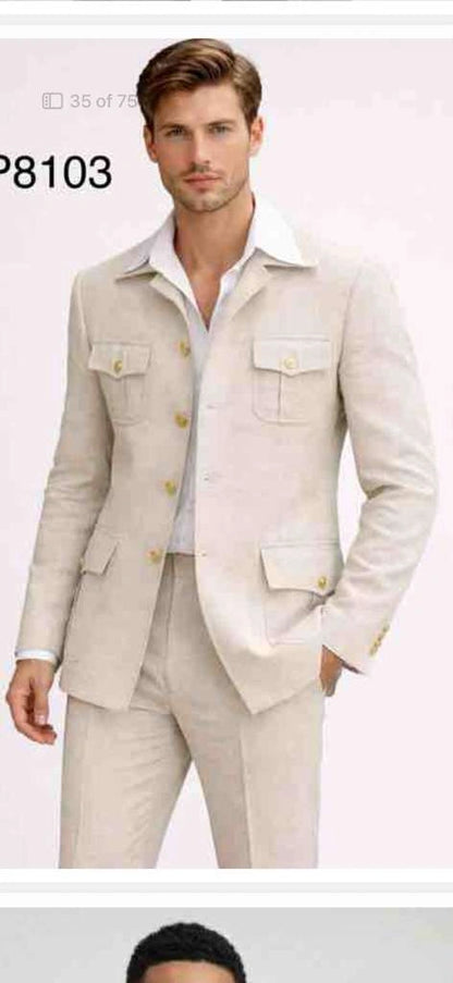 Mens Tan Beige Safari Military Walking Suit Set – Casual Two Piece Outfit Lightweight Summer Blazer and Pants Set Classic Casua Wear