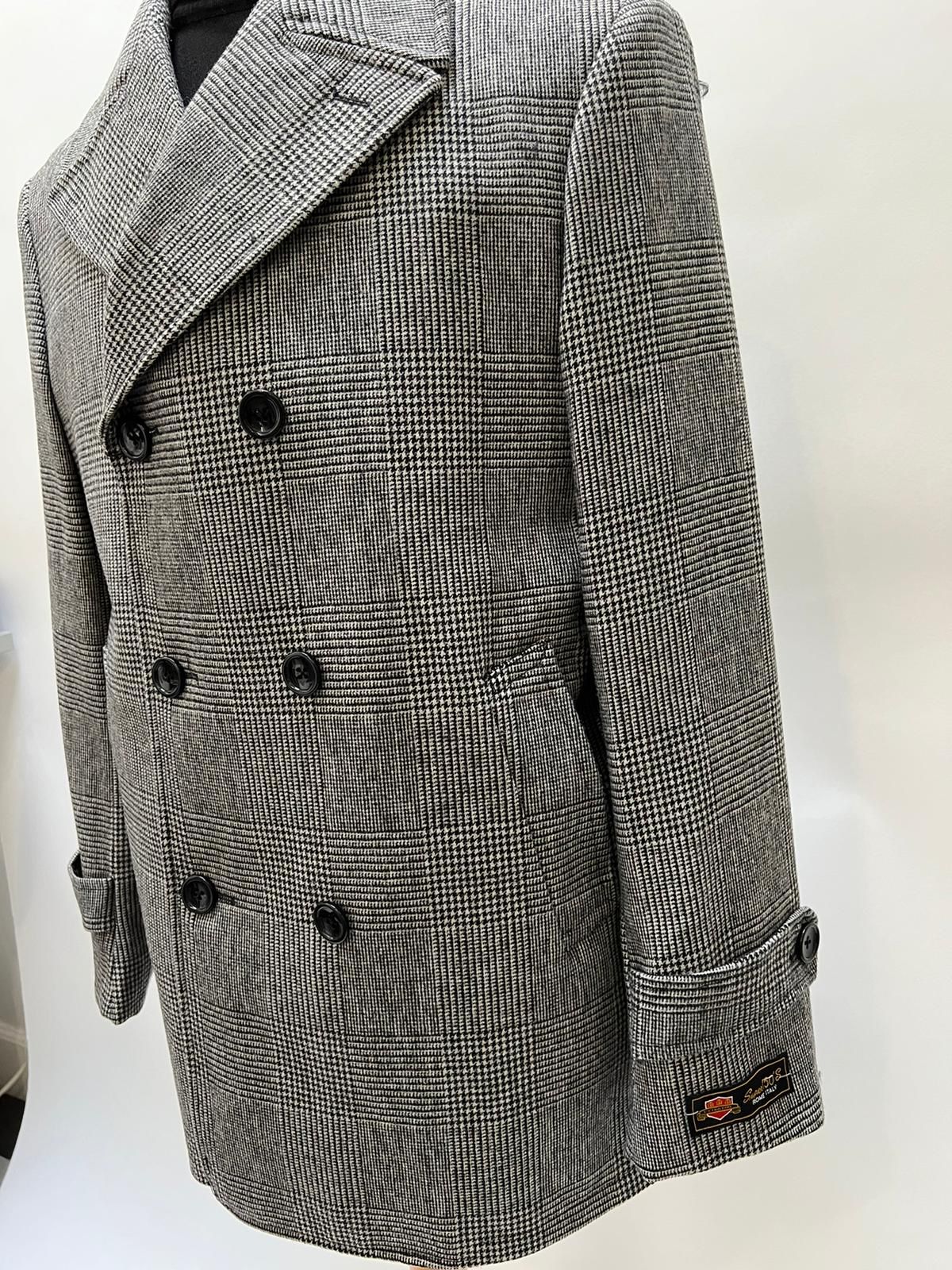 Mens Grey Plaid Double-Breasted Overcoat with Black Faux Fur Collar  Classic Winter Peacoat