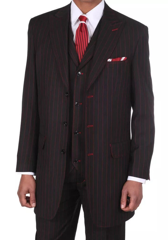 Mens Black and Red Pinstripe Zoot Suit - 1920s Gangster Vintage 3-Piece Suit for Formal, Prom, and Themed Events