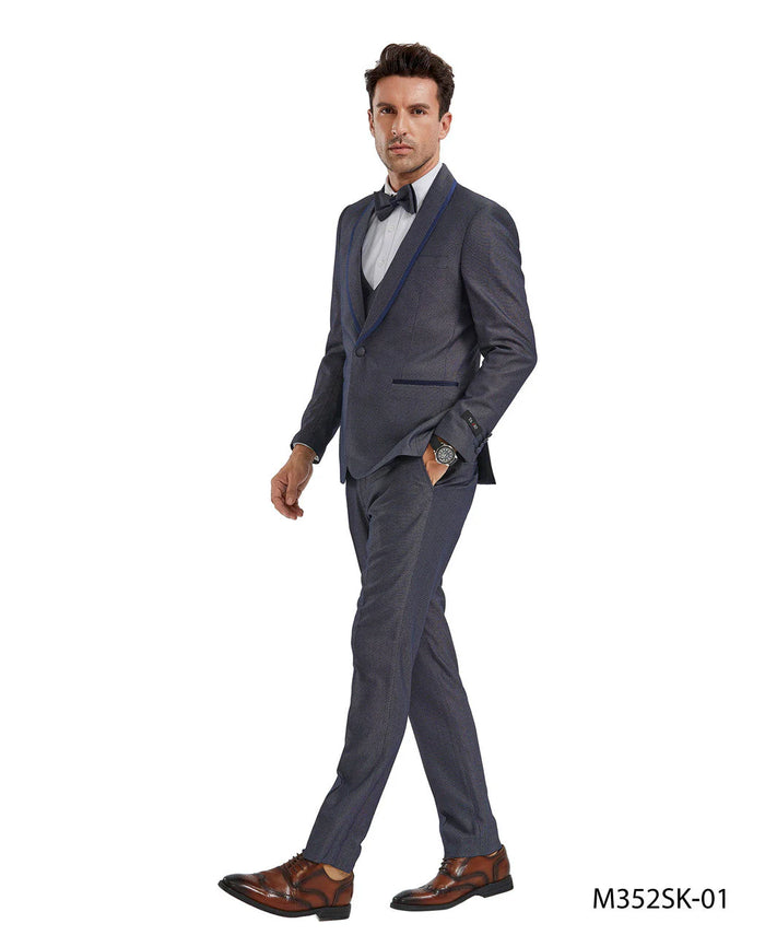 Mens Charcoal Gray with blue Trim Slim Fit 3-Piece Suit  Modern Wedding and Business Formal Tuxedo Set