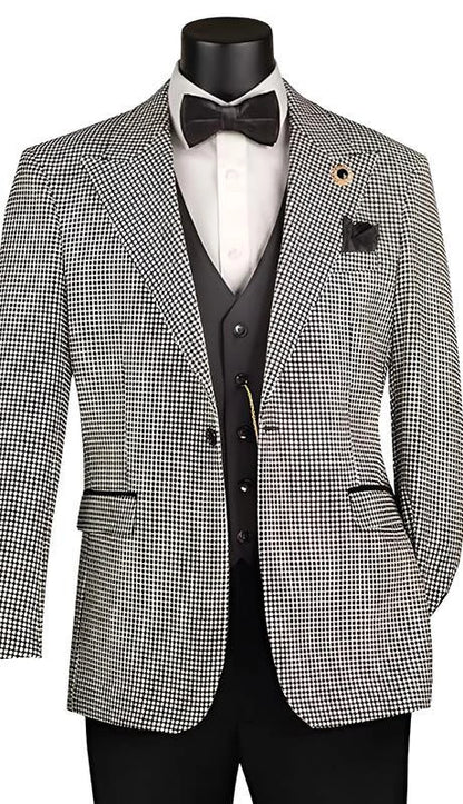 Men’s Black and White Houndstooth Gatsby Inspired Suit – Vintage Style Formal Suit for Wedding, Prom and Classic Events Blazer + Black vest + Black Pants