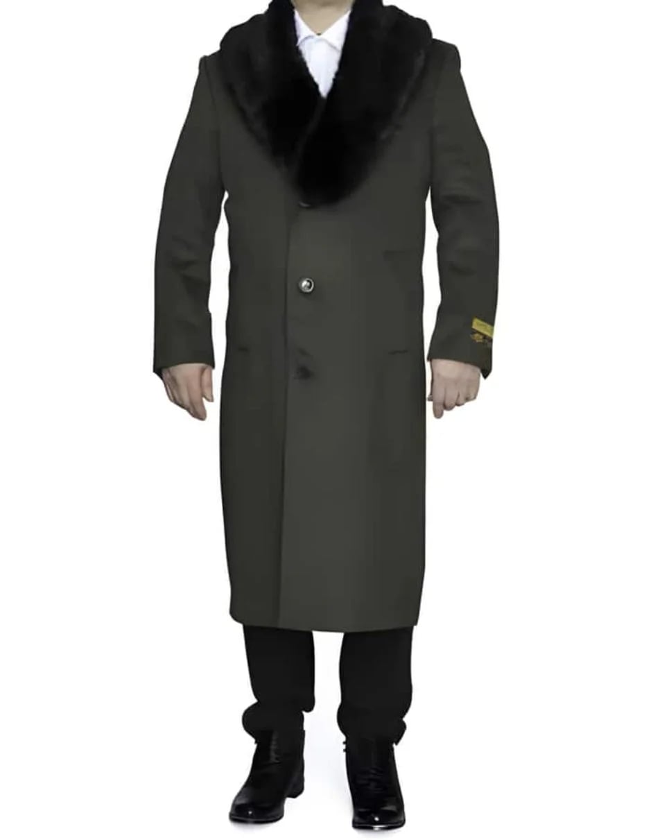 Mens Full Length Olive Overcoat with Black Fur Collar  Luxury Wool Fabric Winter Long Coat in Hunter Green