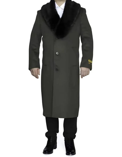 Mens Full Length Olive Overcoat with Black Fur Collar  Luxury Wool Fabric Winter Long Coat in Hunter Green