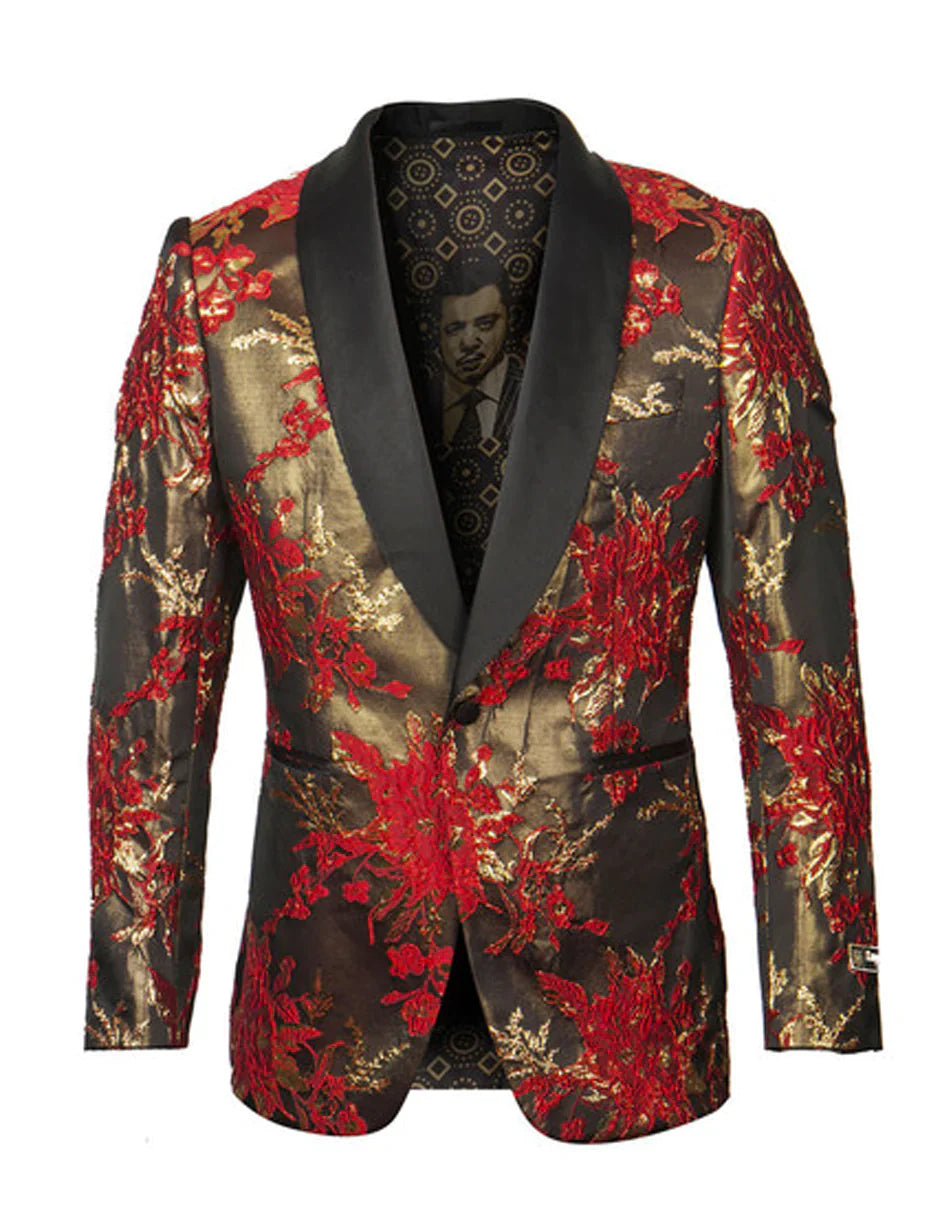 Mens Red and Gold Floral Pattern Paisley  Shawl Lapel | Luxury Evening and Party Wear Jacket Prom Christmas New Year Blazer