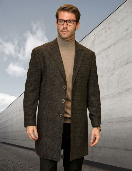 Mens Brown Checkered Wool Overcoat  Long Winter Coat with Classic Plaid Pattern By Statement