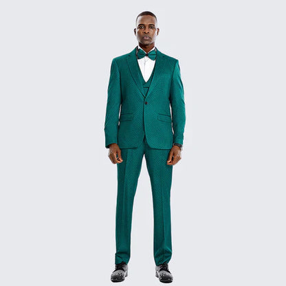 Mens Emerald Green Textured 3-Piece Suit  Polk Dot Pattern Formal Wedding, Prom, and Evening Wear Outfit