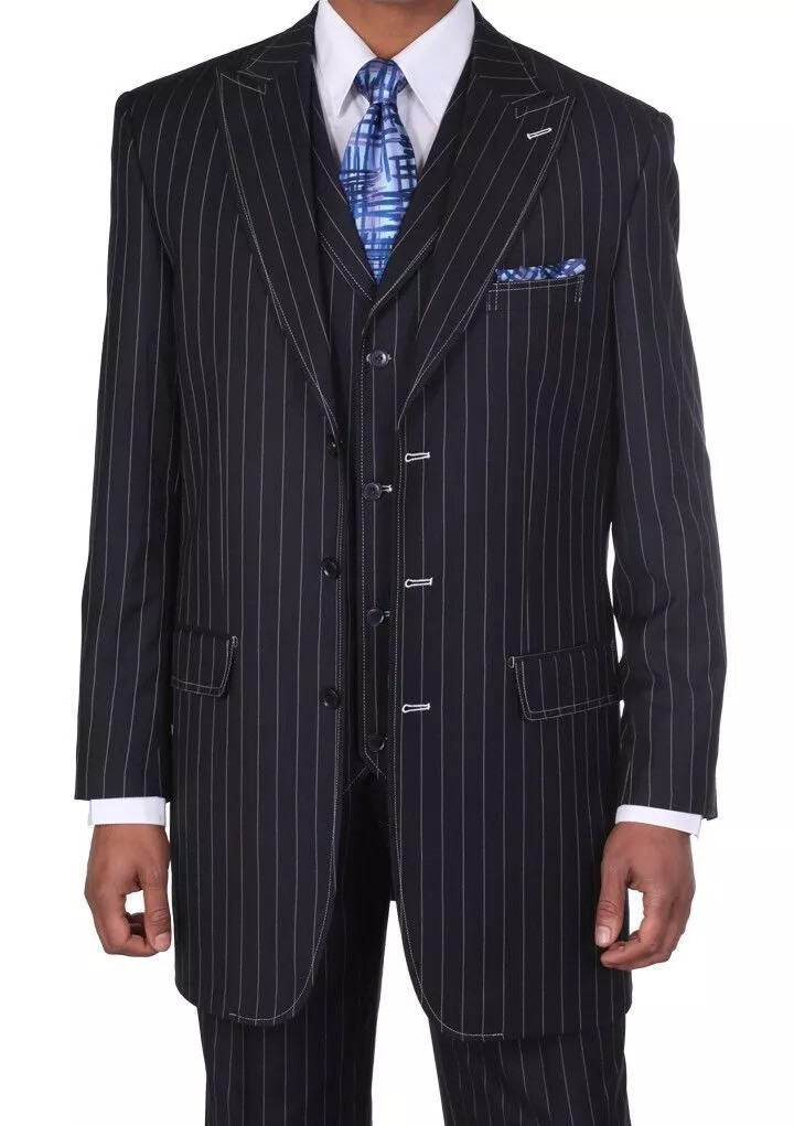 Mens Three Button Suits -  Navy Blue Pinstripe Three-Piece Suit  Classic Business and Formal Wear with Tailored Fit
