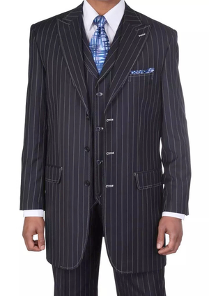 Mens Three Button Suits -  Navy Blue Pinstripe Three-Piece Suit  Classic Business and Formal Wear with Tailored Fit