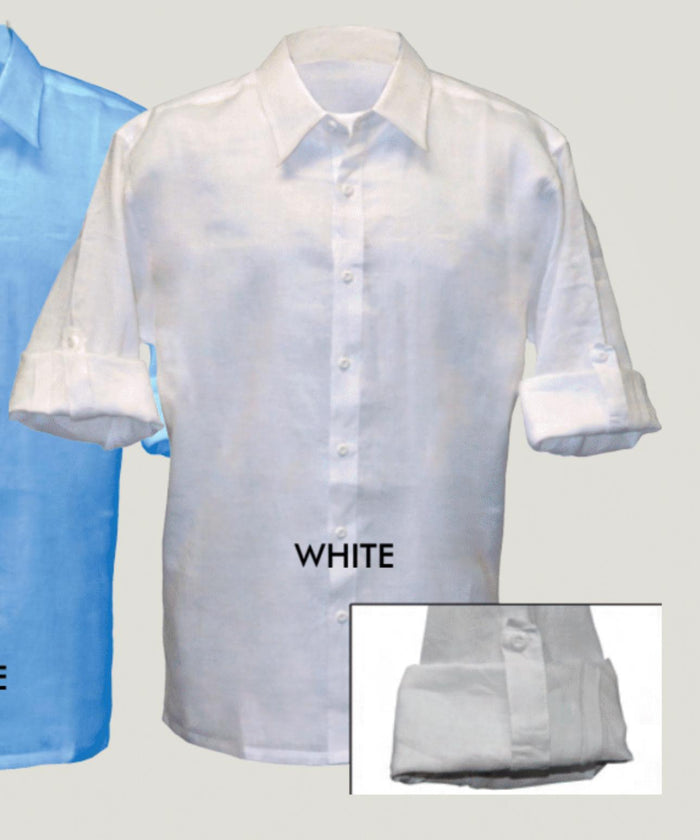 Mens White Linen Button Down Shirt  Long Sleeve Roll-Up Casual Dress Shirt