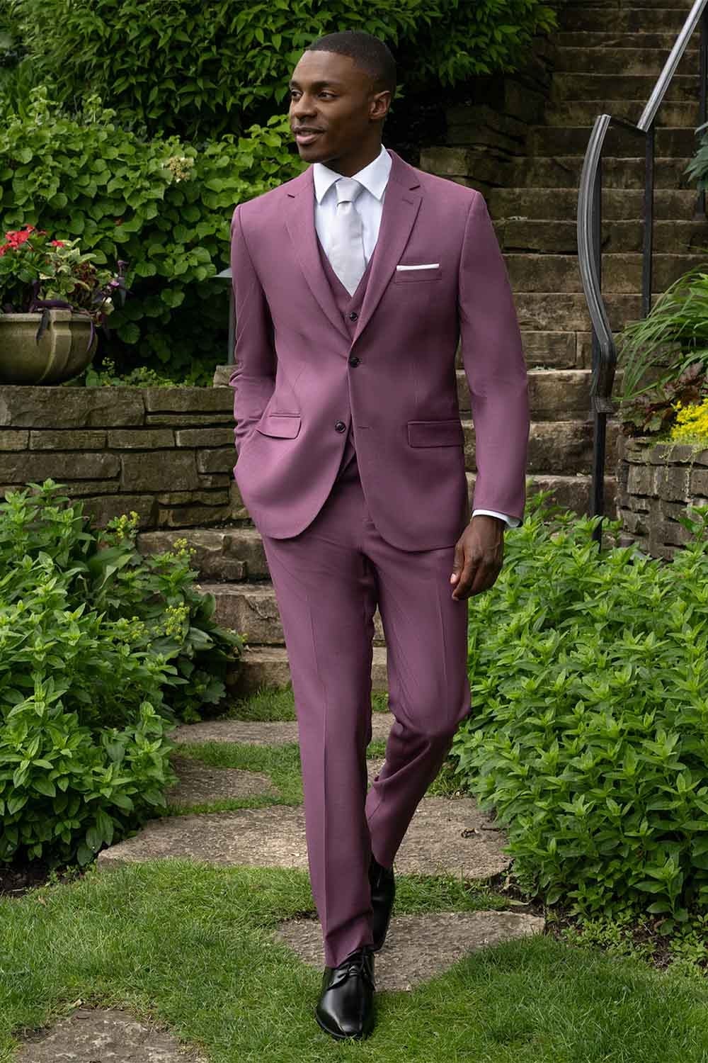 Mens Mauve Three-Piece Suit  Slim Fit Formal Blazer, Vest, and Trousers for Weddings Rose Gold Pinkish Color