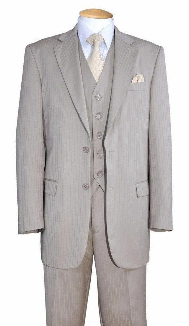 Mens Light Tan Pinstripe 3 Piece Suit with Jacket, Vest, and Pants | Shadow Stripe Tone Tone Pleated Pants Classic