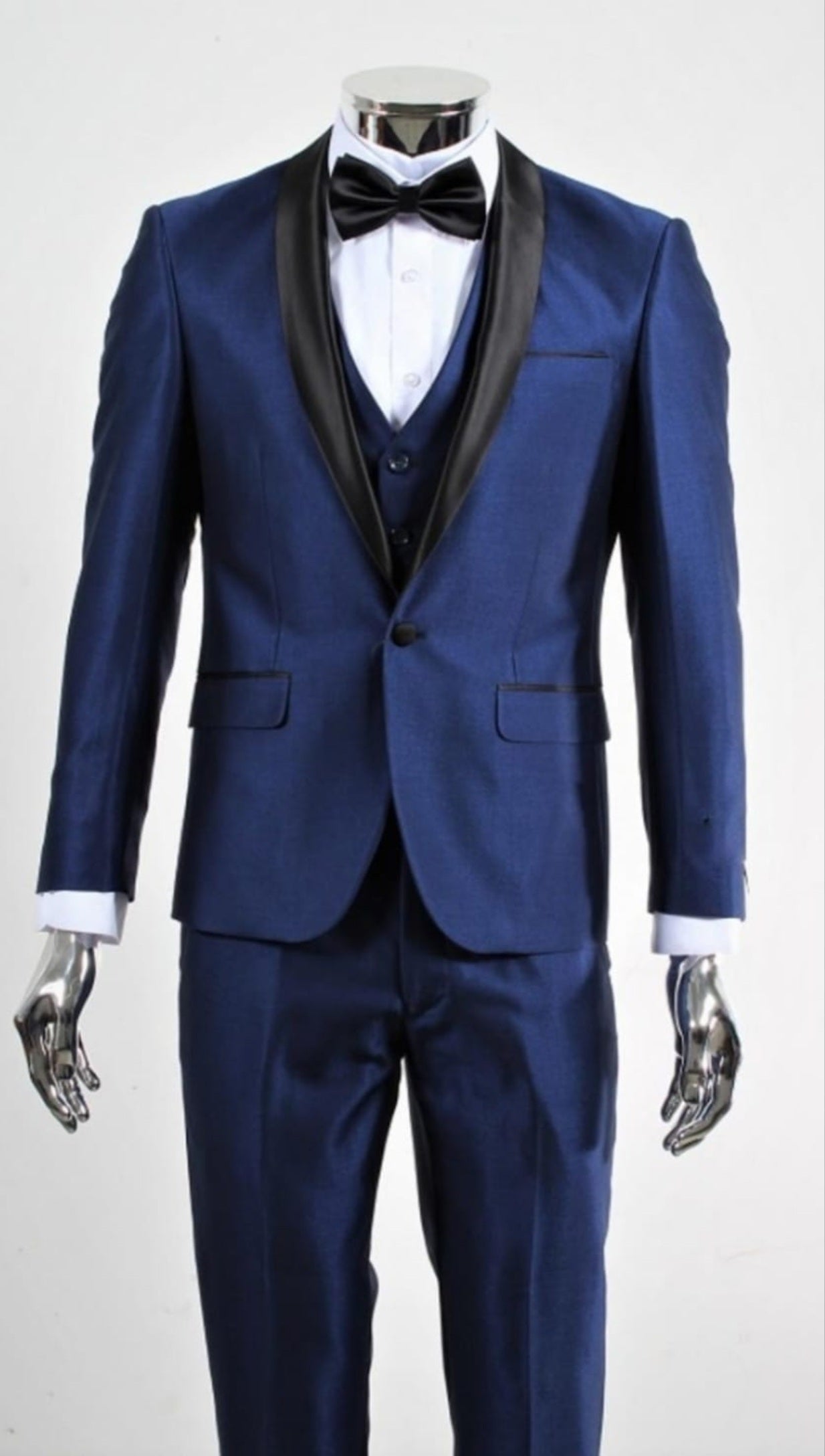 Men’s Shiny Sharkskin Saphire Royal Blue Tuxedo 3 Piece Suit with Black Shawl Lapel | Formal Wedding Prom Suit Shiny Fabric