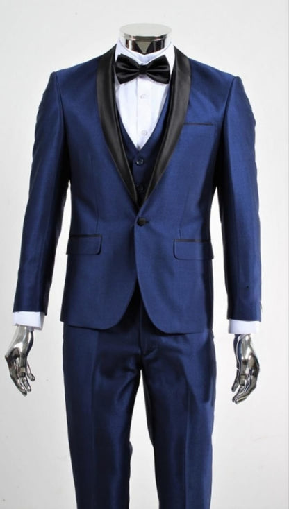 Men’s Shiny Sharkskin Saphire Royal Blue Tuxedo 3 Piece Suit with Black Shawl Lapel | Formal Wedding Prom Suit Shiny Fabric