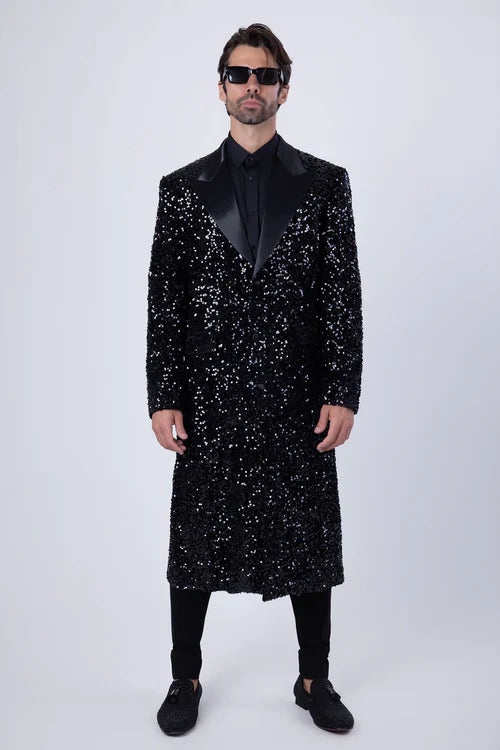 Mens Black Sequin Long Coat with Satin Shawl Lapel  Luxury Statement Evening Overcoat