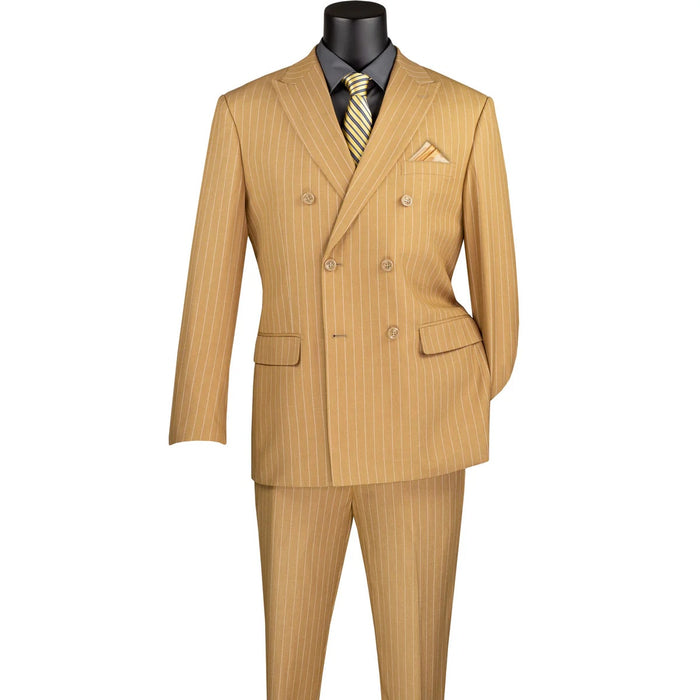Mens Camel Tan Pinstripe Double-Breasted Suit  Bold 6-Button Modern Vintage Style