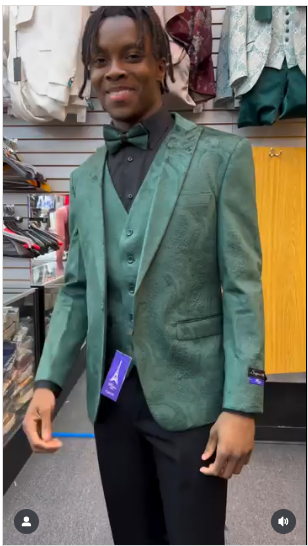 Mens Emerald Green Paisley Tuxedo 3-Piece Suit  Slim Fit Formal Blazer, Vest, and Pants for Weddings, Proms