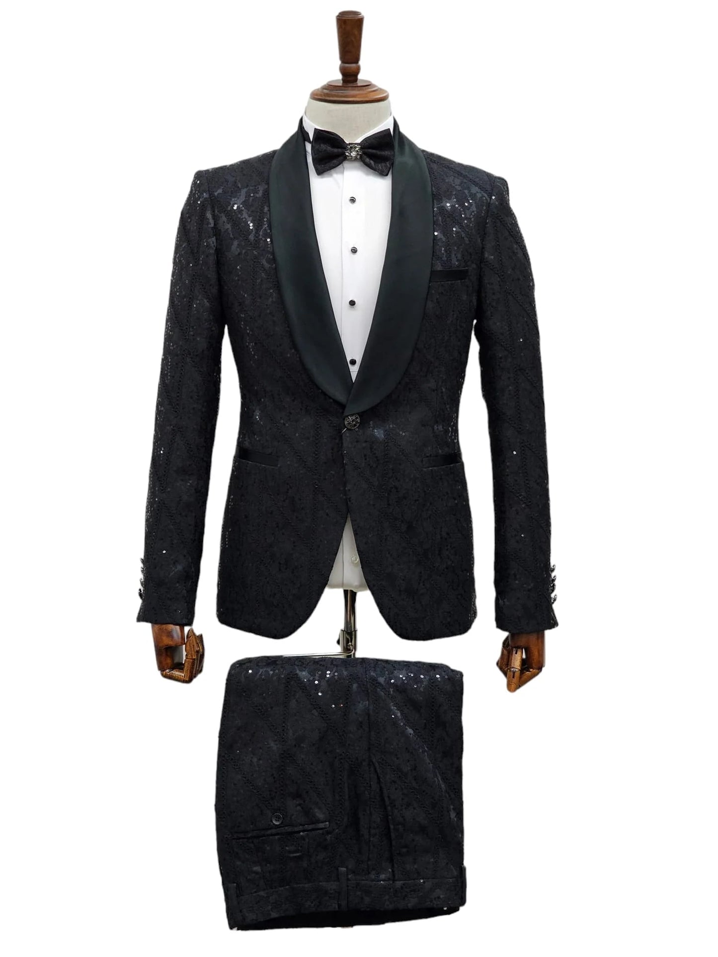Black Sequin Tuxedo Suit with Satin Shawl Lapel  Mens Slim Fit Formal Prom and Wedding Attire