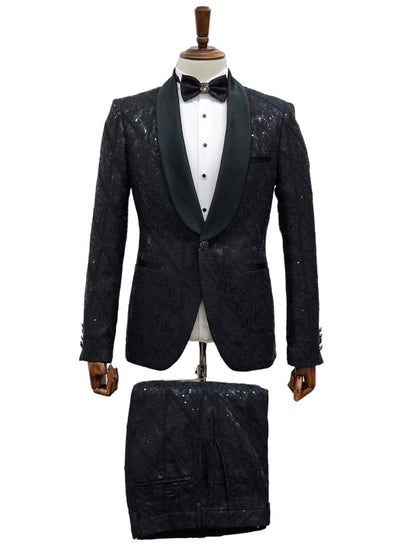 Black Sequin Tuxedo Suit with Satin Shawl Lapel  Mens Slim Fit Formal Prom and Wedding Attire