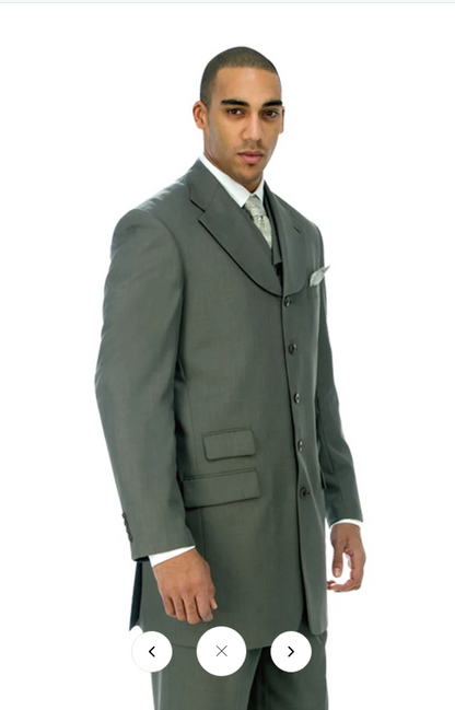 Mens 1920s Gray Zoot Suit   4 Buttons  Gangster Wide Lapel Long Jacket 3-Piece Suit in Grey Color Classic Fit Pleated Pants