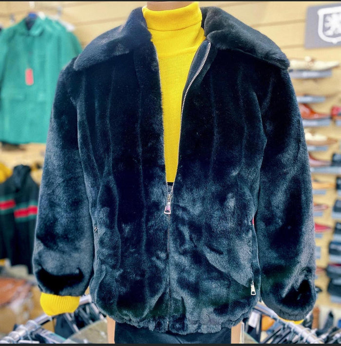 Men's Black Faux Fur Jacket - Luxury Winter Zip-Up Coat with Soft Plush Finish