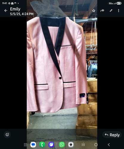 Men’s Blush Pink Shiny 3 Piece Suit with Black Shawl Lapel | Light Pink Prom Suit Sharkskin Fabric - Ultra Slim Fit