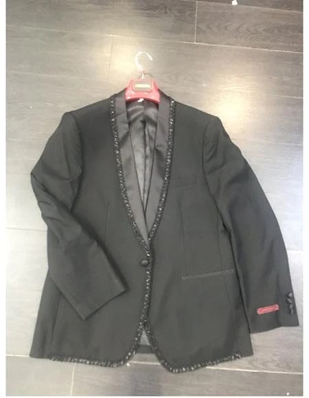 Mens Classic Black Designer Tuxedo Suit with Beaded Lapel  Elegant Formal and Party Wear Jacket and Pants